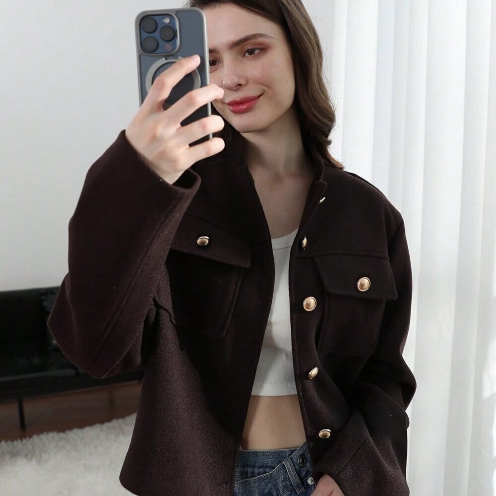Brown Casual Women's Pockets detailed  Single button Jacket - Picture 6 of 11